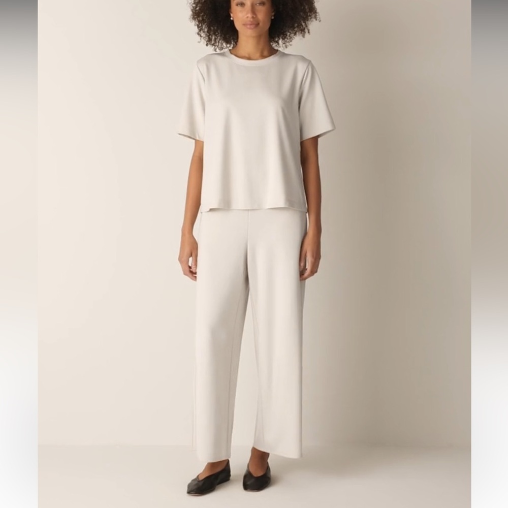 Eileen Fisher Wide Leg Ribbed Pull up Organic Cotton Blend pant in Cream SPetite